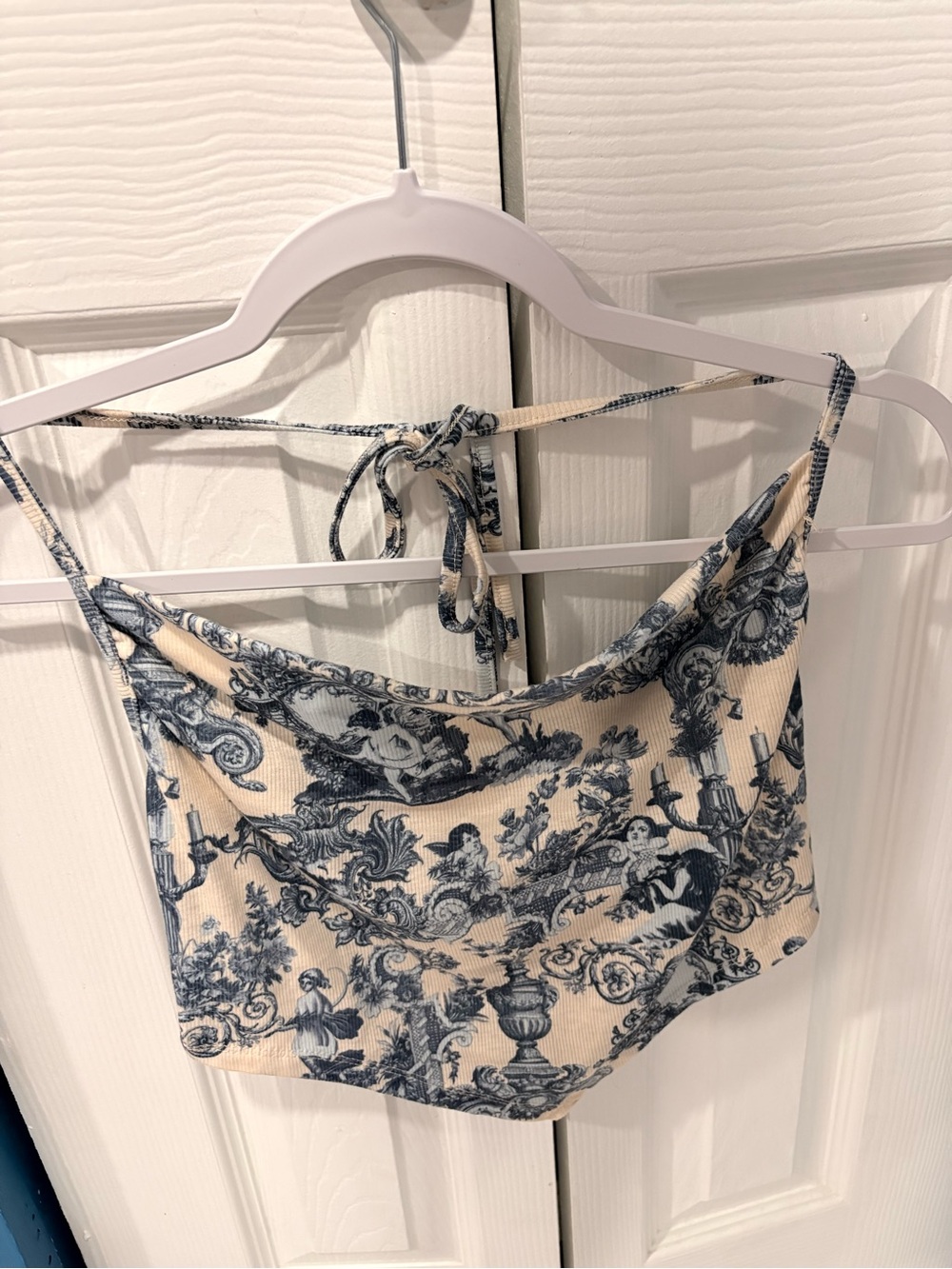 Blue & Cream Toile Print Tie Back Cowl Neck Cami Top